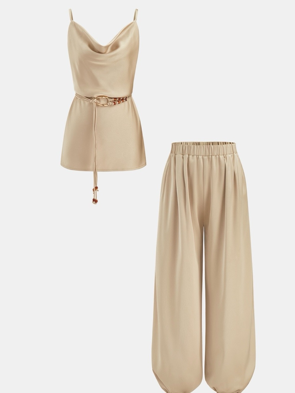 Commense Beige Satin Cowl Camisole & Wide-Leg Pants Set